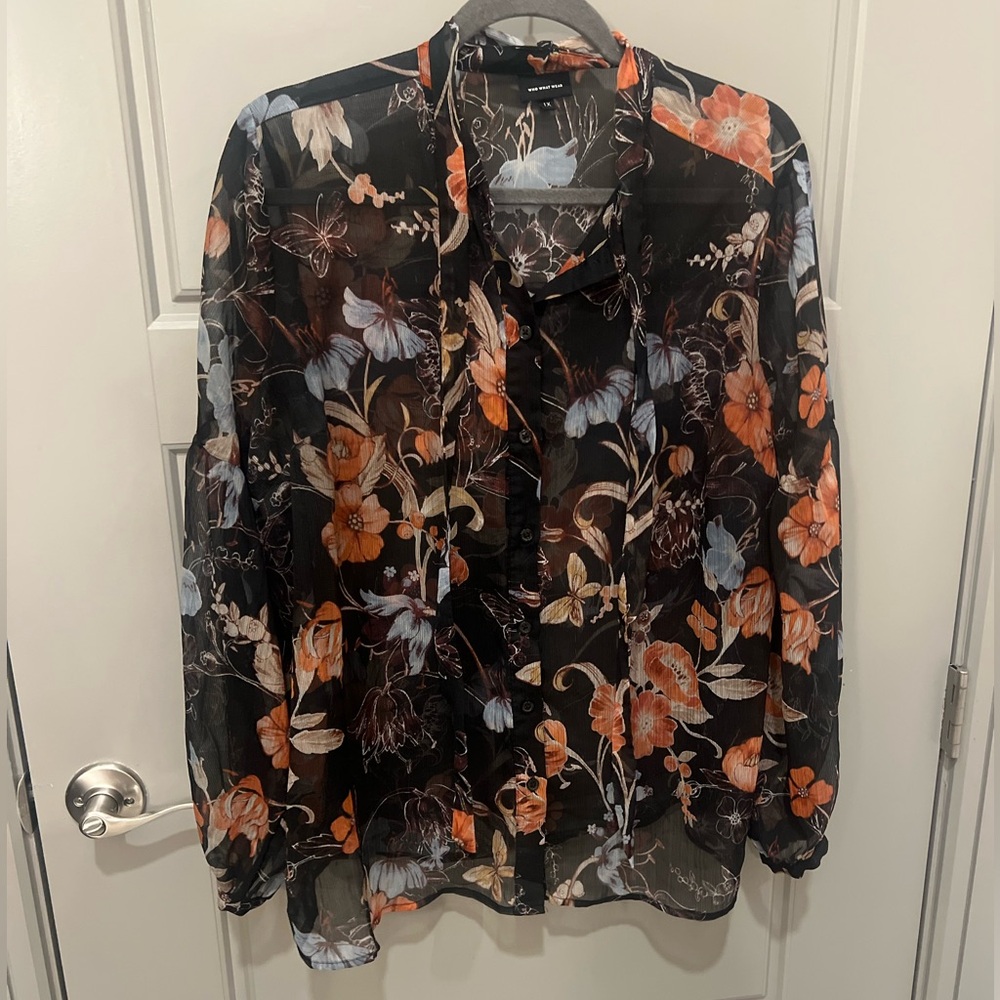 Target Who What Wear Sheer Floral Print Button Up Top with Beck Tie Detail
